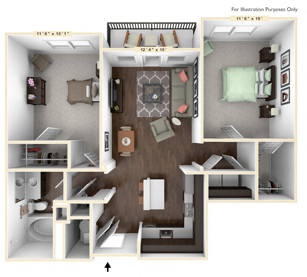 Floor plan for 2 beds, 1 bath, 961 sqft